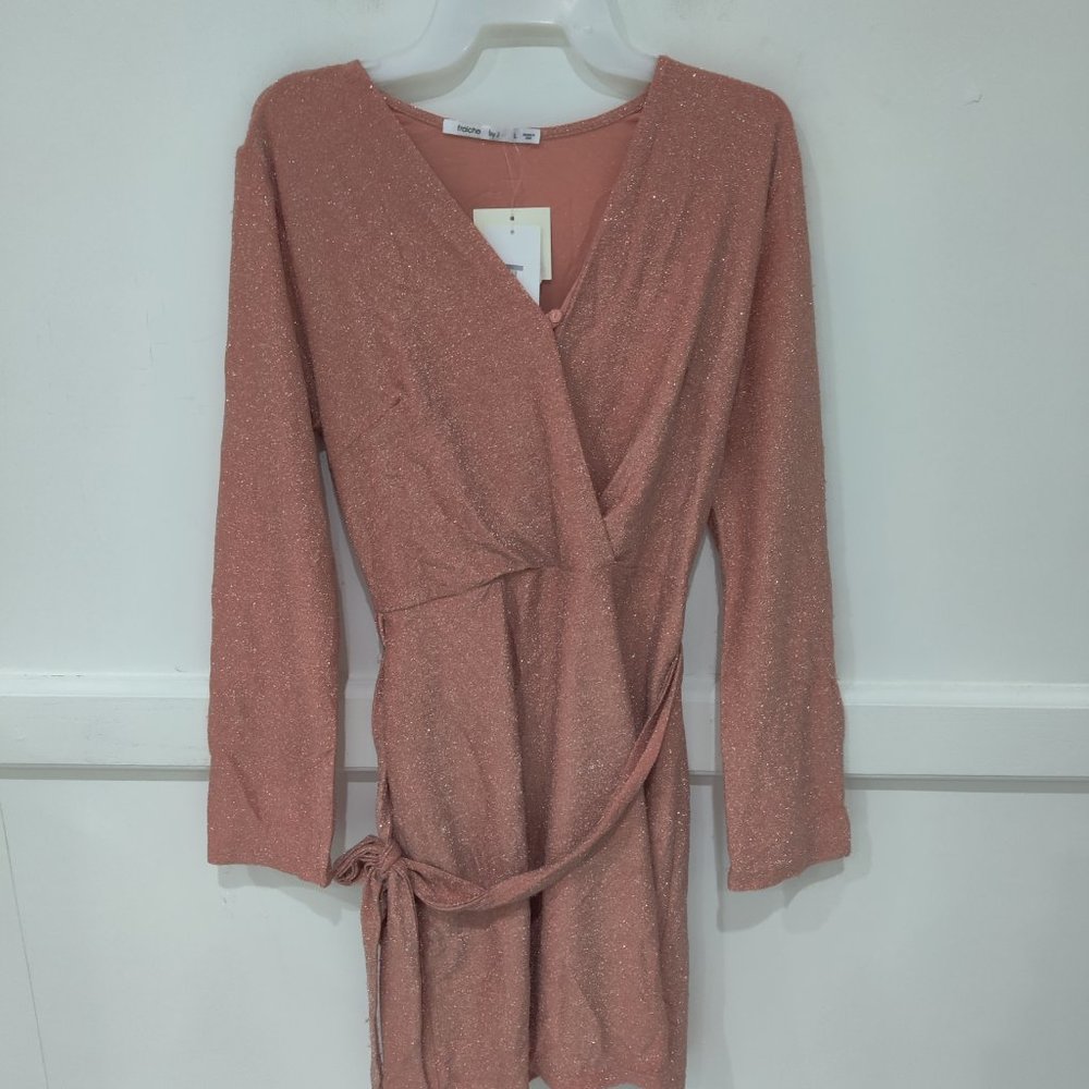 DEFECT Fraiche By J Belted Mini-Dress Sparkle Evening Dress Size L $110 JK564